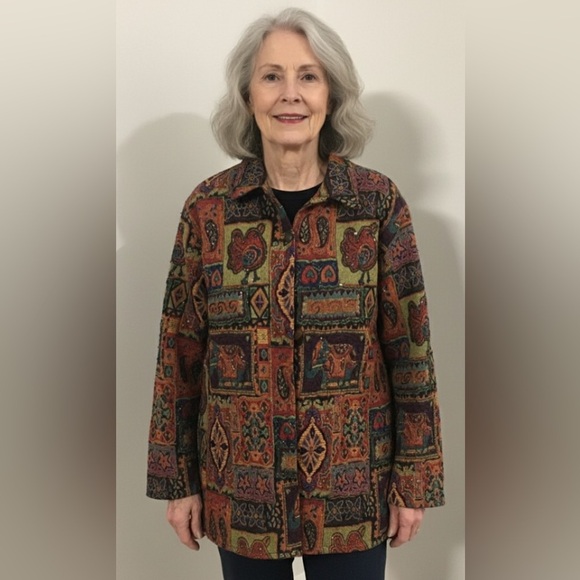 CHICO'S Vintage Boho Tapestry Beaded Paisley Birds Embroidered Jacket 1/Small - Picture 1 of 7